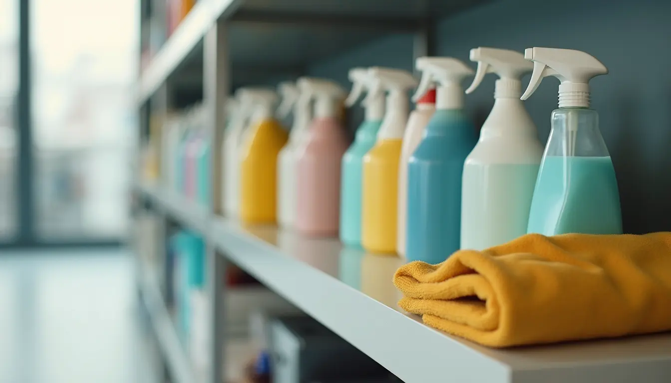 Close-up view of cleaning supplies arranged neatly on a shelf
