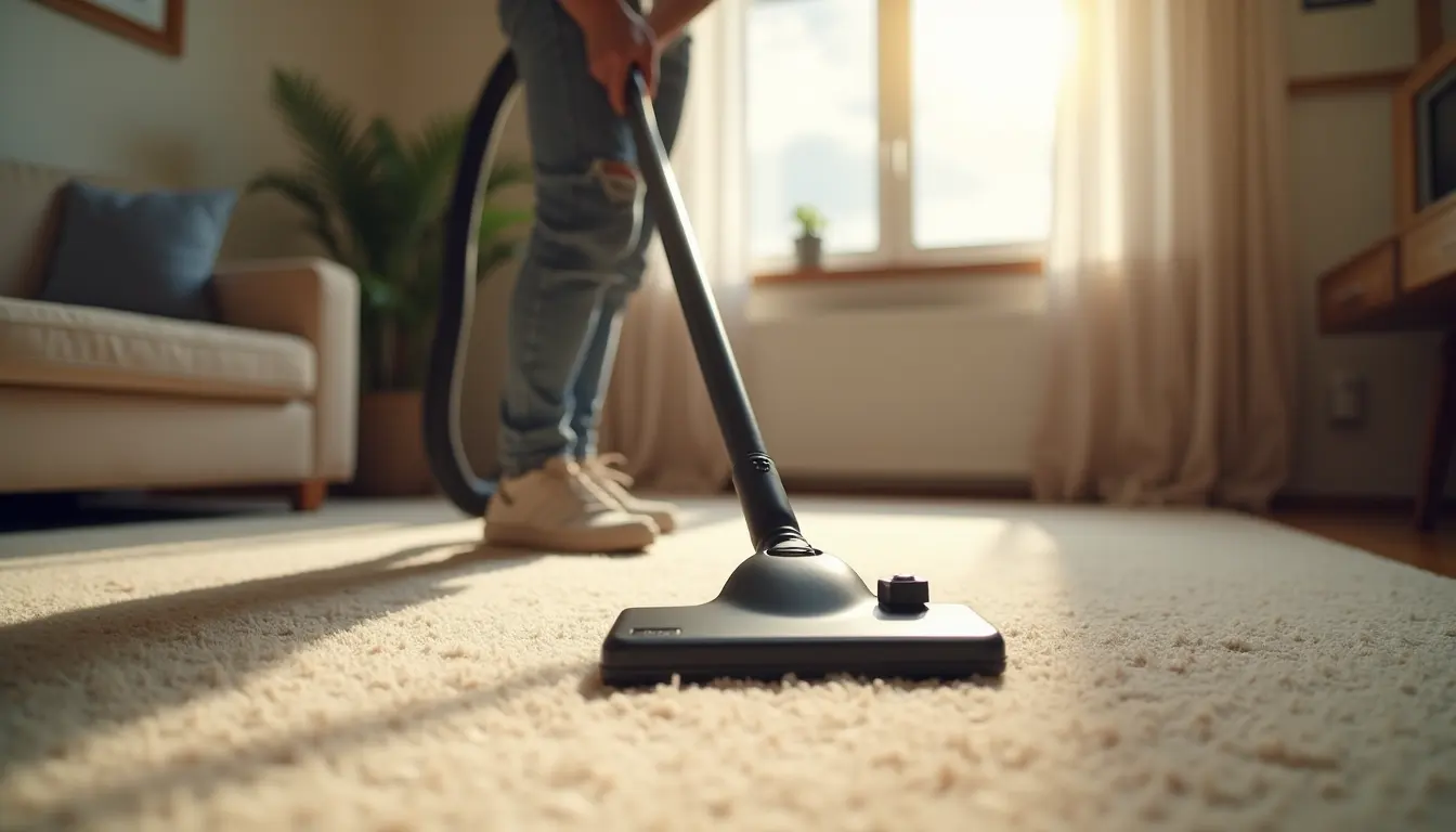 Eye-level view of a person vacuuming a carpet in a living room