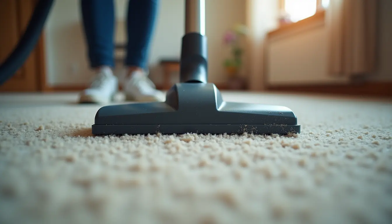 Close-up view of a vacuum cleaner removing dust from a carpet