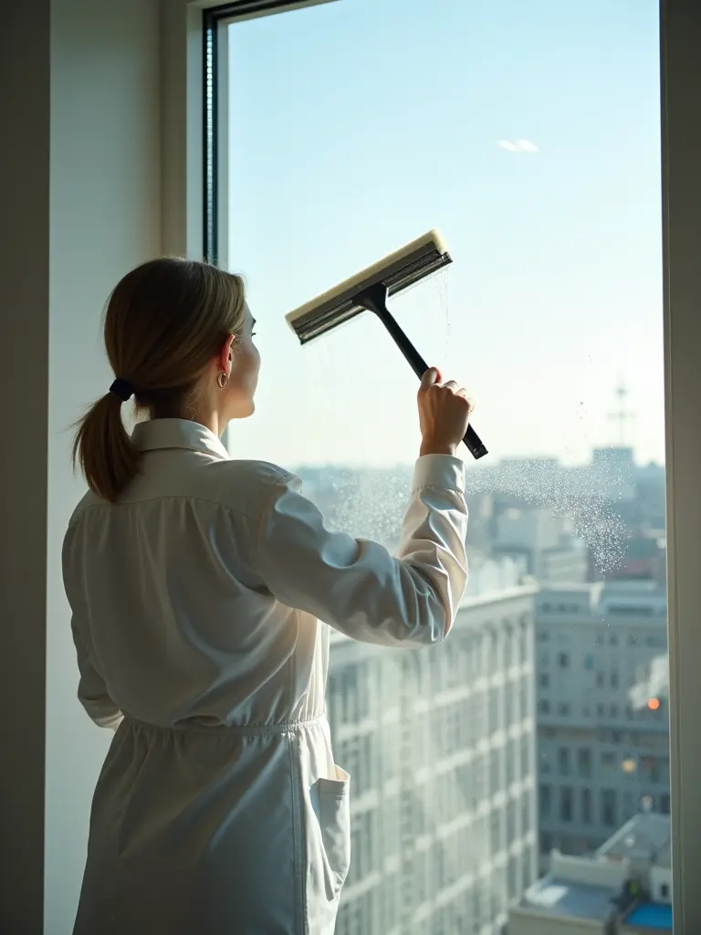 Woman in a white shirt cleaning a large city-window with a squeegee, bright morning light outside, focused and calm.