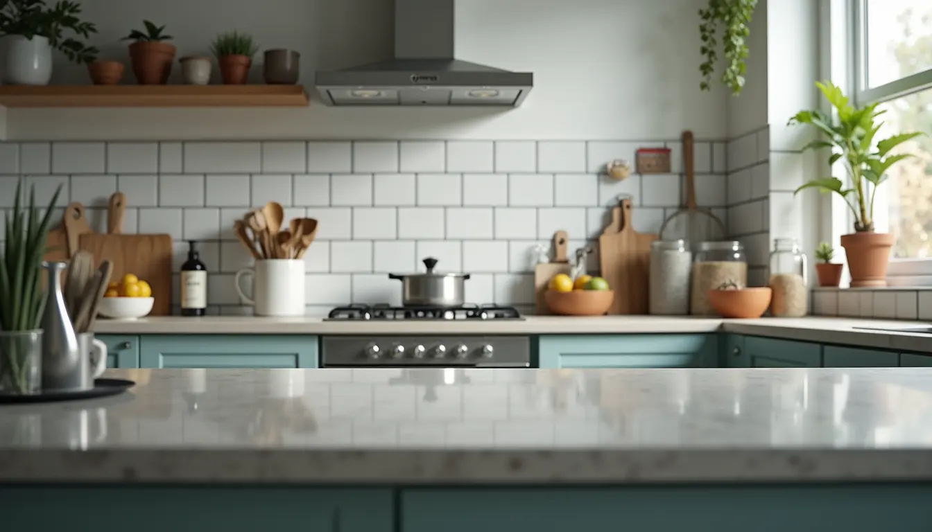 High angle view of a well-maintained kitchen with clean surfaces and organized tools