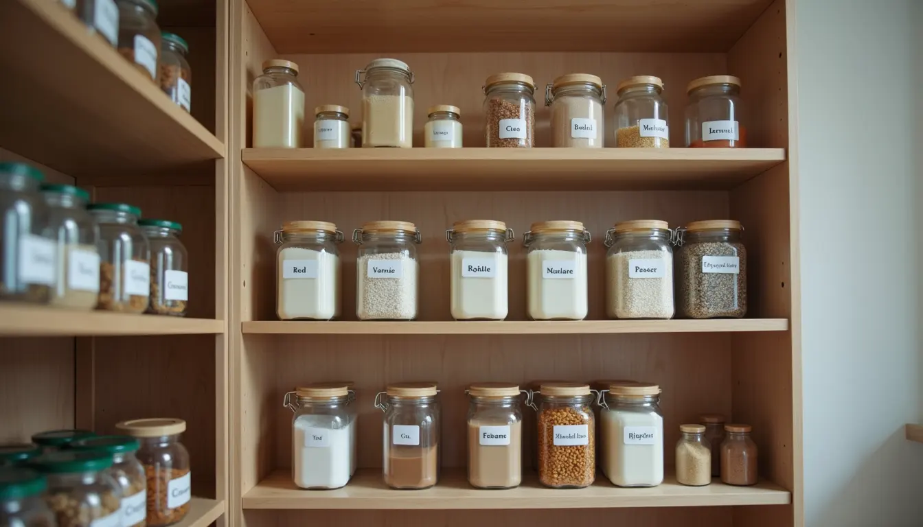 Close-up view of organized pantry shelves with labeled containers
