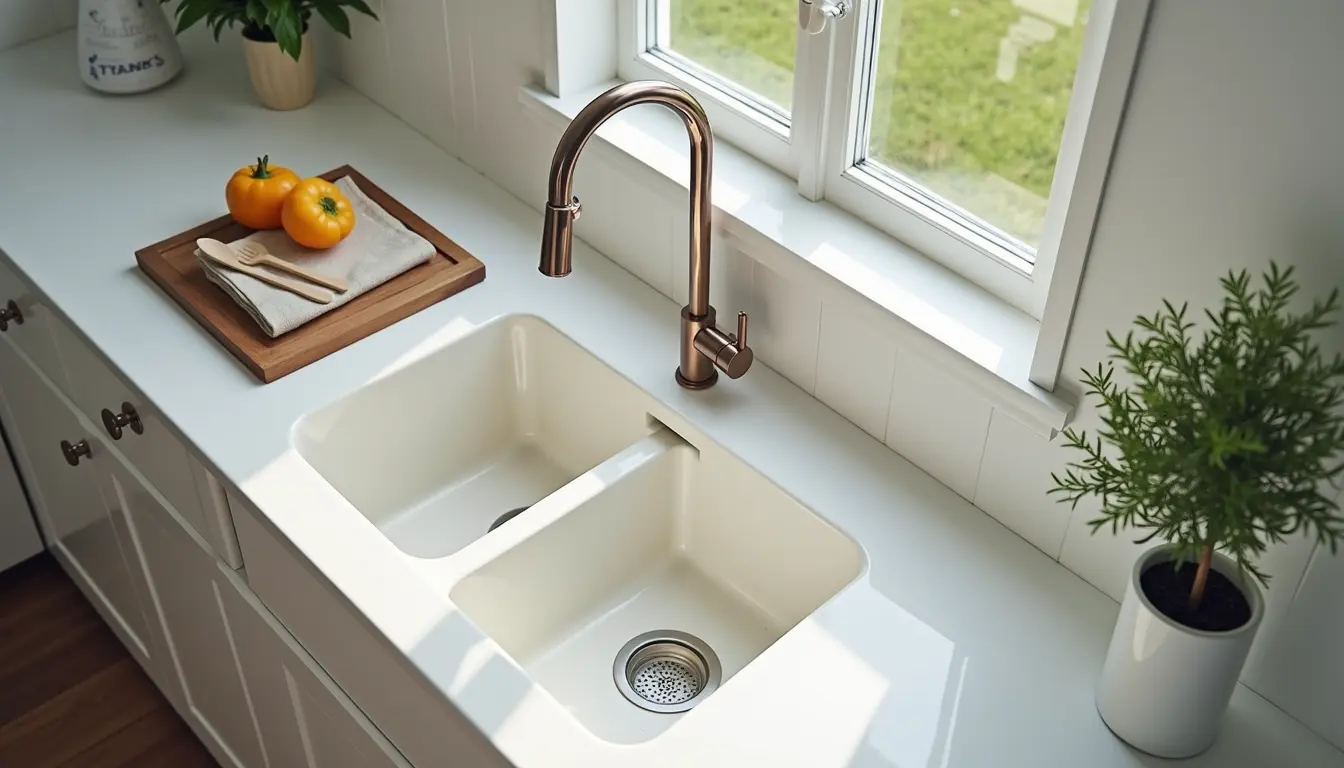 High angle view of a sparkling clean kitchen sink and countertop