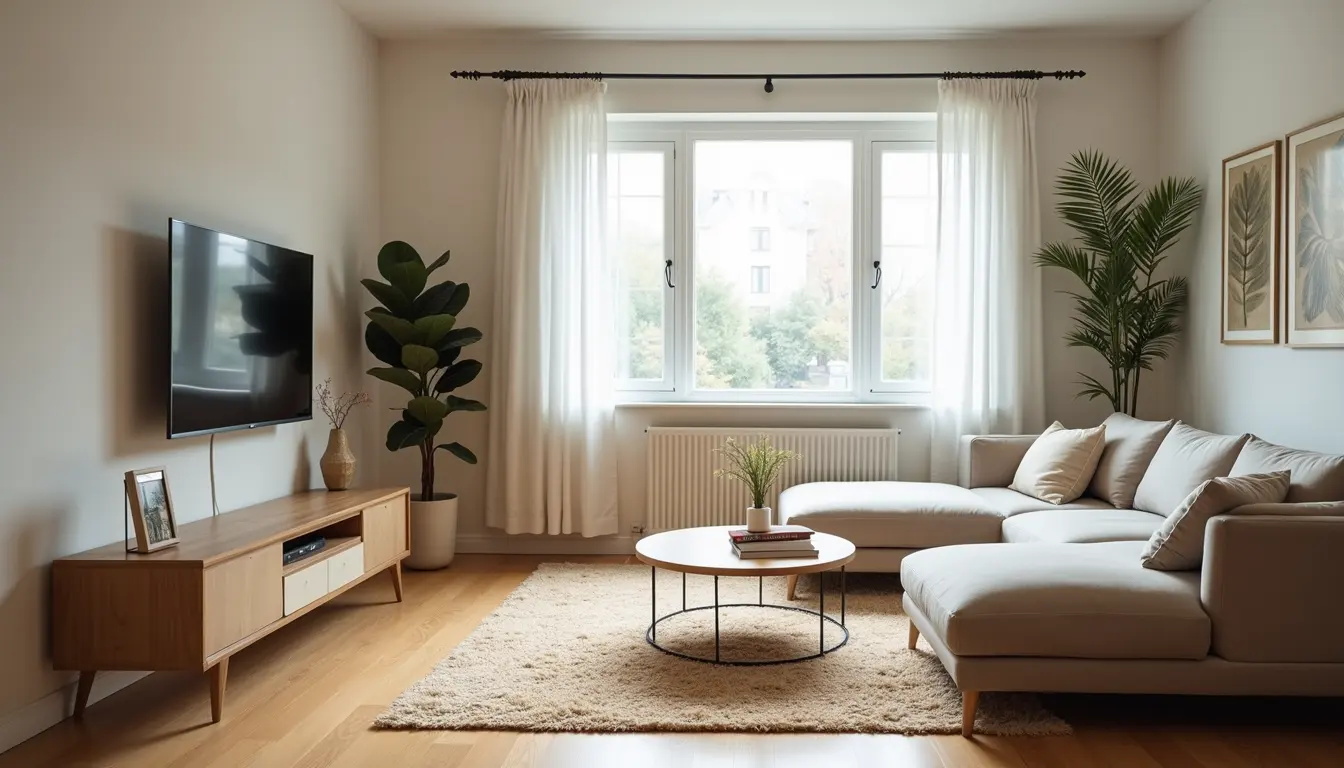 Wide angle view of a clean and organized living room