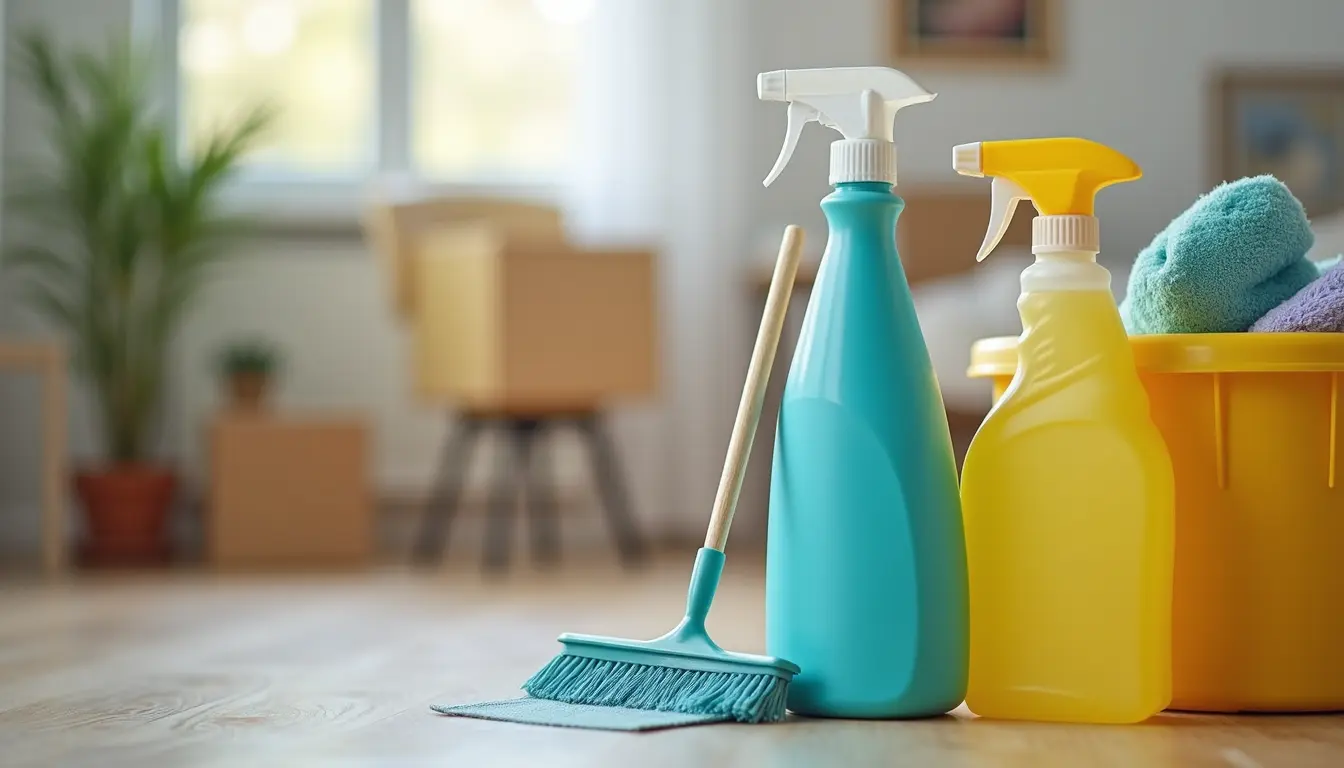 Close-up view of cleaning supplies and tools ready for move-out cleaning