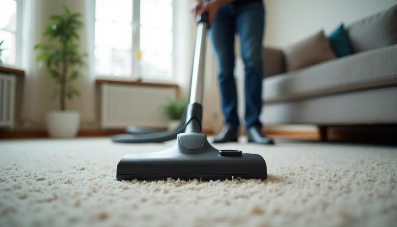 Eye-level view of a professional cleaner vacuuming a modern living room carpet
