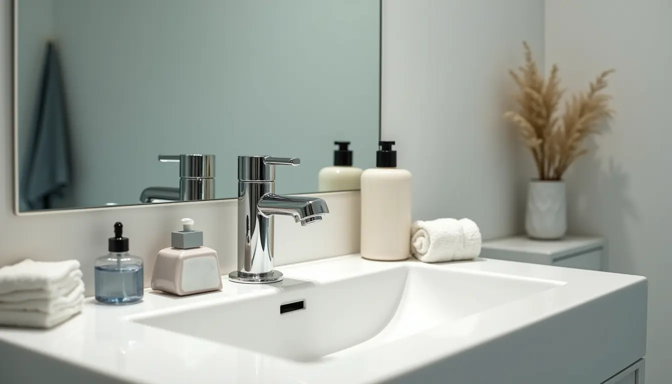 High angle view of a clean and organized bathroom sink area