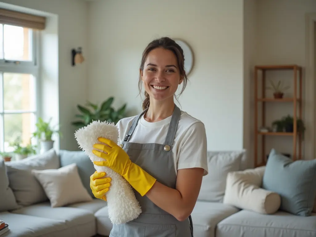 A professional cleaner preparing to tidy up a cozy living room