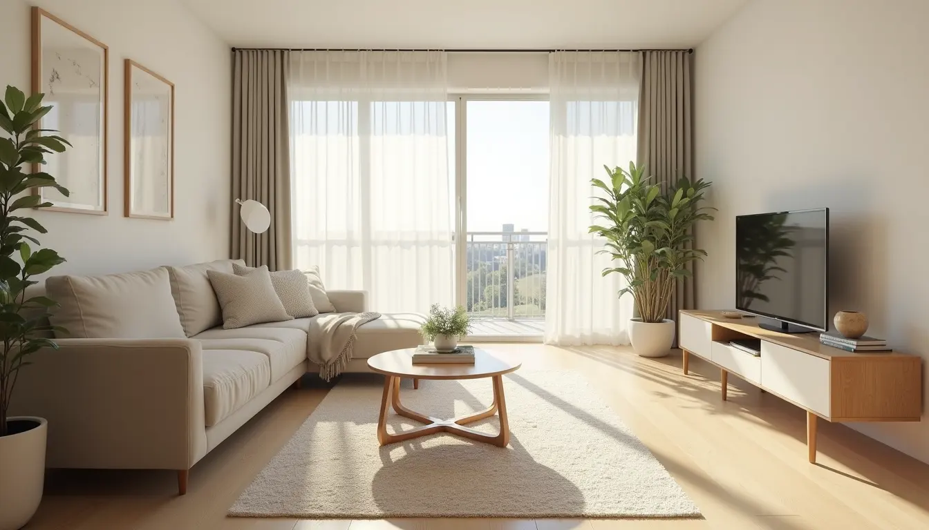 Eye-level view of a tidy living room with sunlight streaming through windows