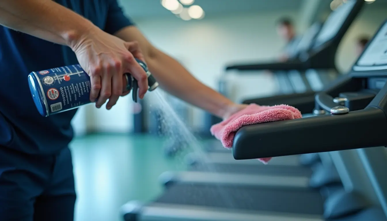 Close-up view of a professional cleaner disinfecting gym equipment with spray and cloth