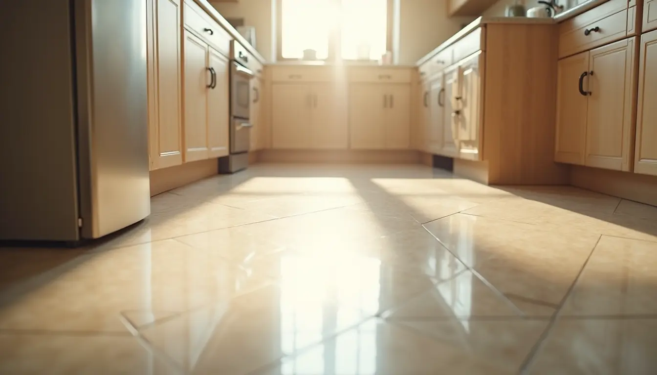 High angle view of a freshly cleaned kitchen floor with natural light