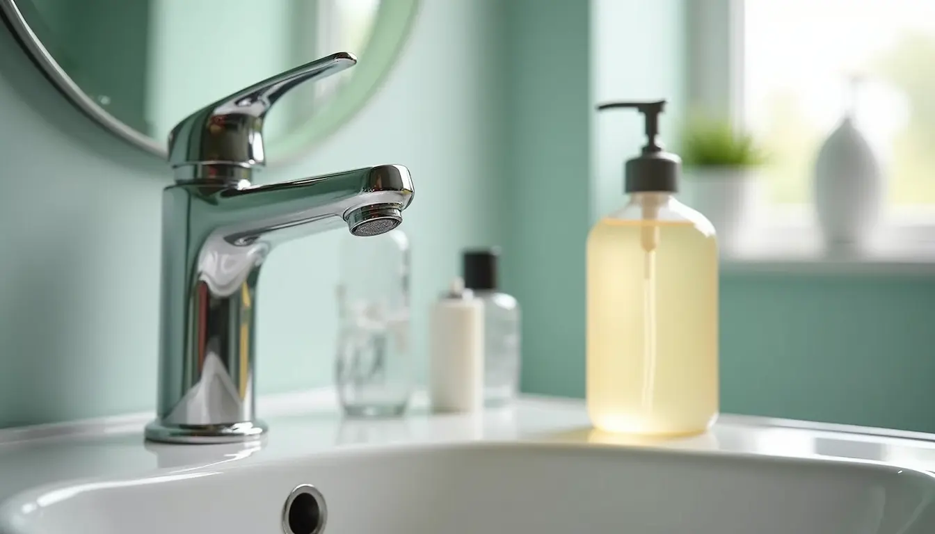 High angle view of a clean bathroom sink with natural cleaning supplies
