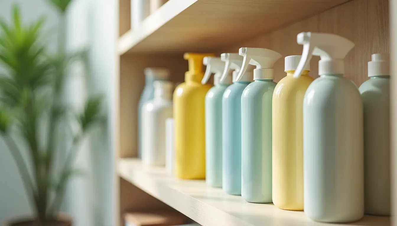 Close-up view of eco-friendly cleaning products arranged on a shelf