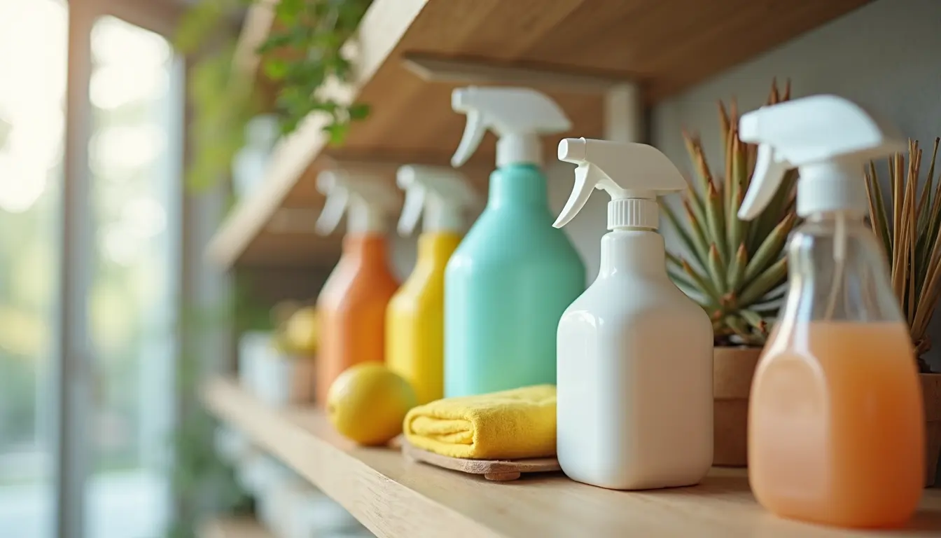 Close-up view of eco-friendly cleaning products and tools on a shelf