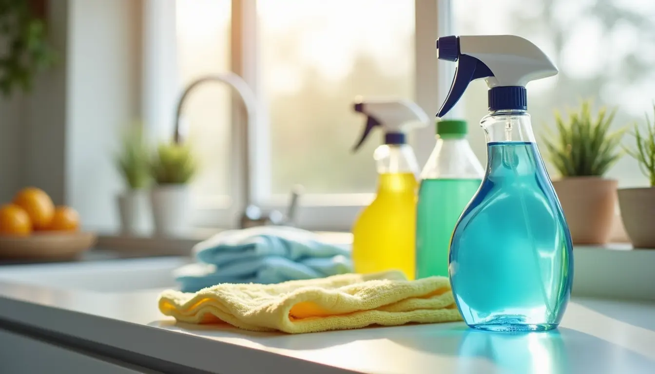 Close-up of cleaning supplies including spray bottles and microfiber cloths on a kitchen counter