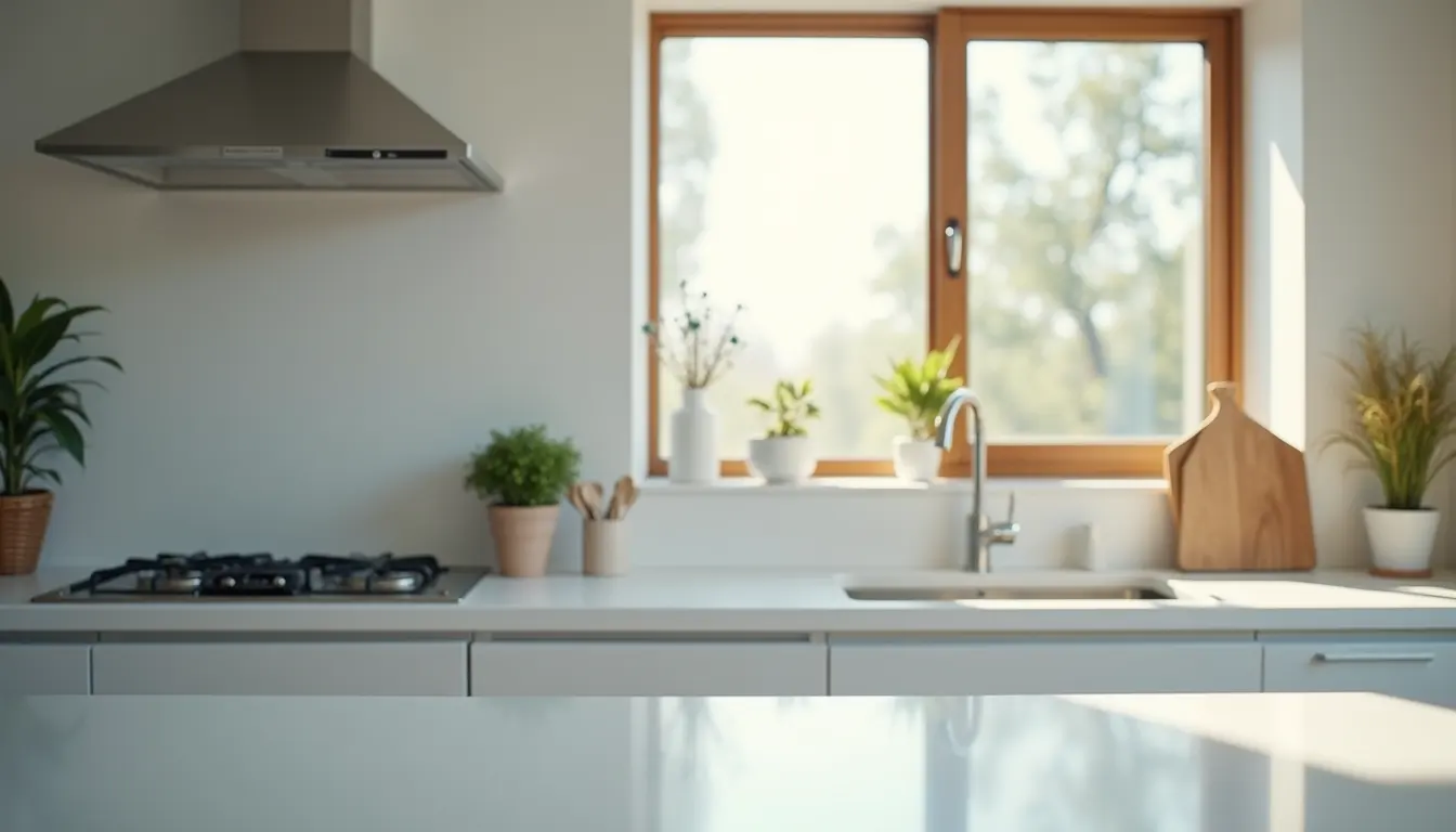 High angle view of a sparkling clean kitchen with polished countertops