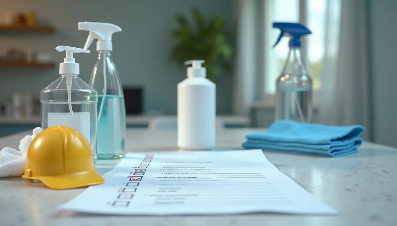 Close-up view of cleaning supplies and checklist on a table