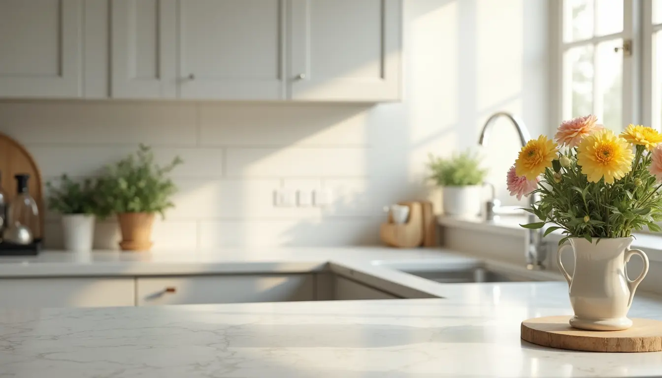 High angle view of a sparkling clean kitchen countertop with fresh flowers