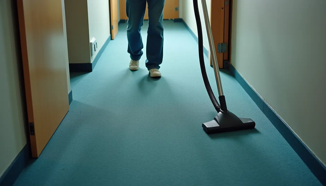 High angle view of a janitor vacuuming a carpeted office floor