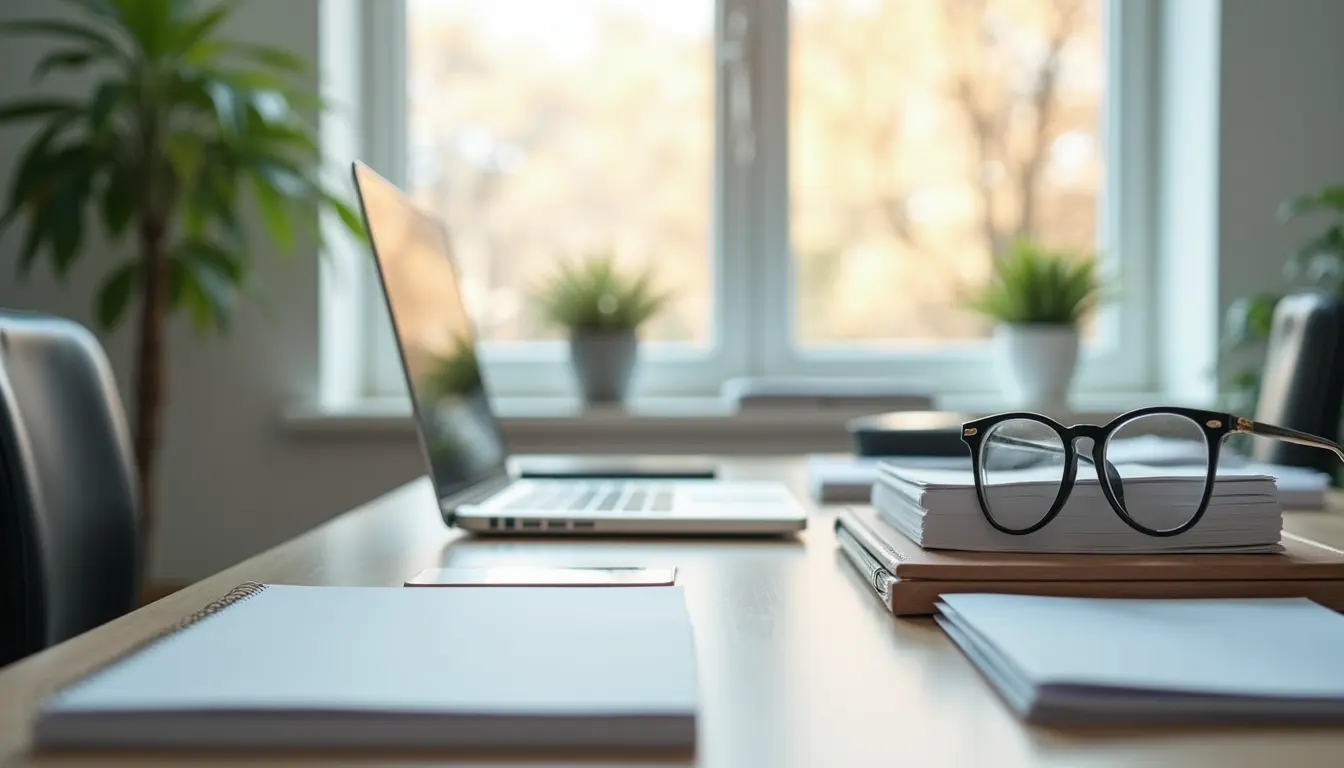 Wide angle view of a clean and organized office space