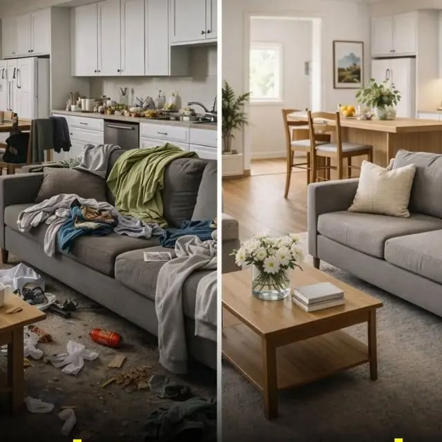 Split-screen living room: cluttered gray sofa and floor on left, tidy bright room with flowers and clean sofa on right.