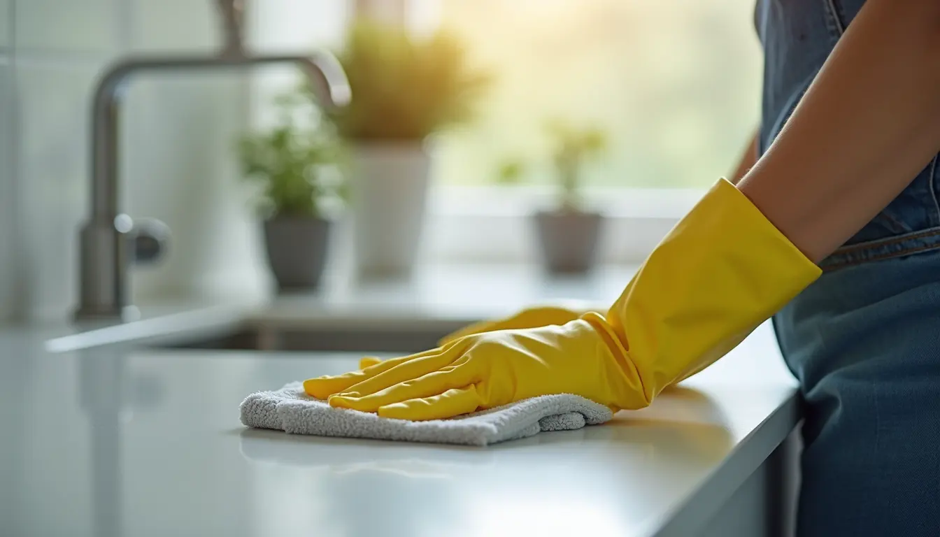 Close-up view of a cleaner wiping a kitchen countertop