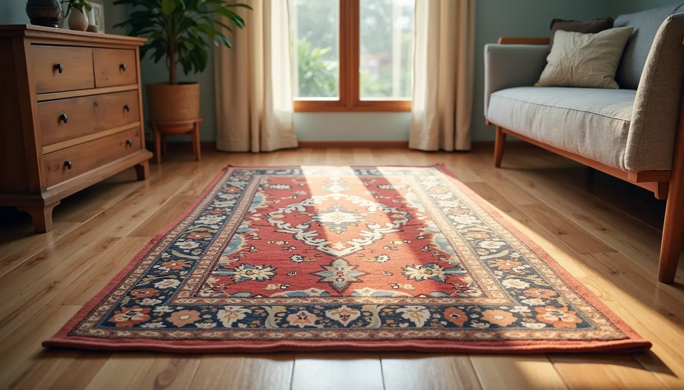 High angle view of a clean hardwood floor with a decorative rug