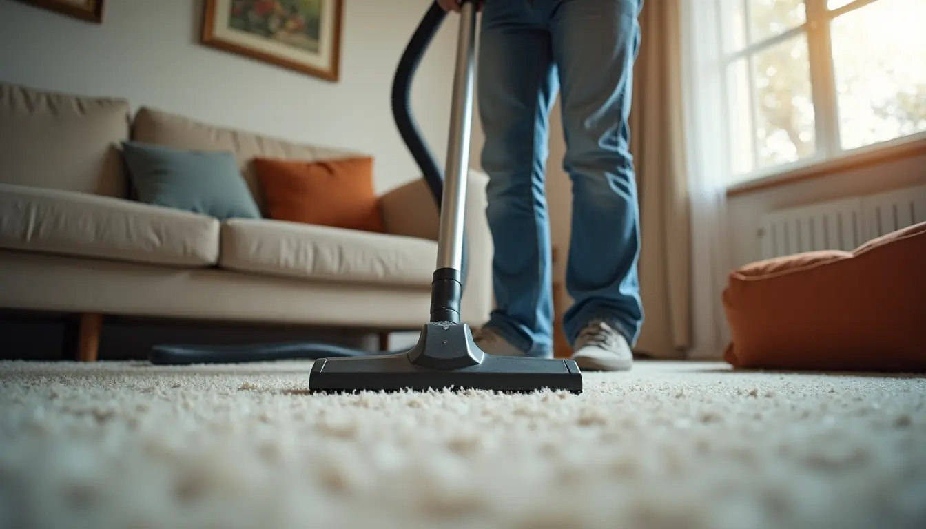 High angle view of a professional cleaner using a vacuum on a carpet in an Irish living room
