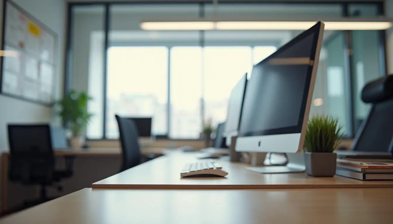 Eye-level view of a clean and organised office desk with minimal clutter