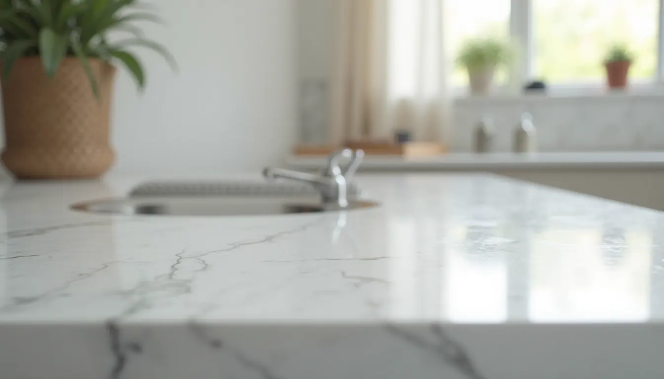 Close-up view of a clean and shiny kitchen countertop after post-construction cleaning