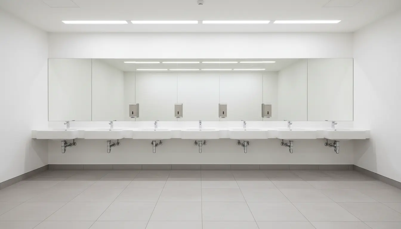 Eye-level view of a spotless public washroom with sinks, mirrors, and stocked dispensers