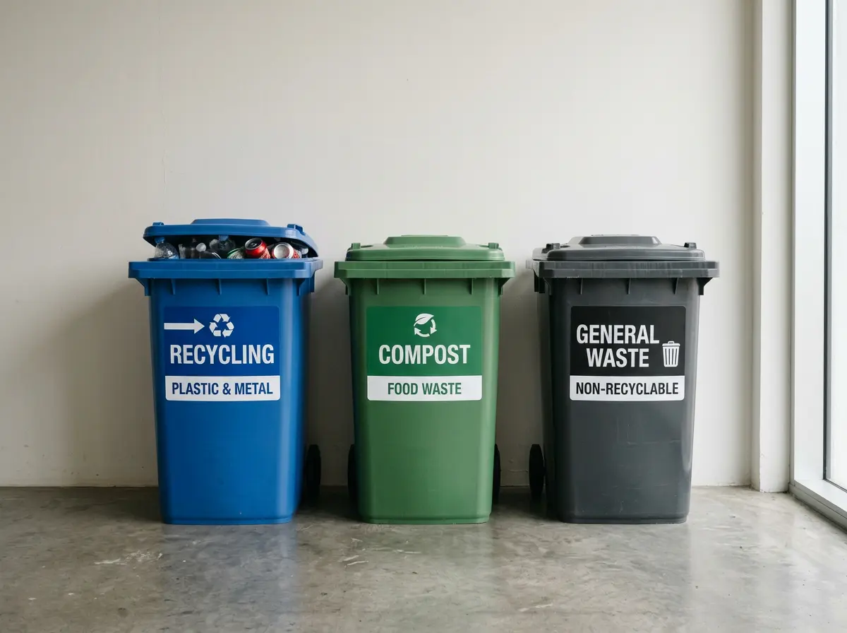 Eye-level view of sorted recycling and general waste bins