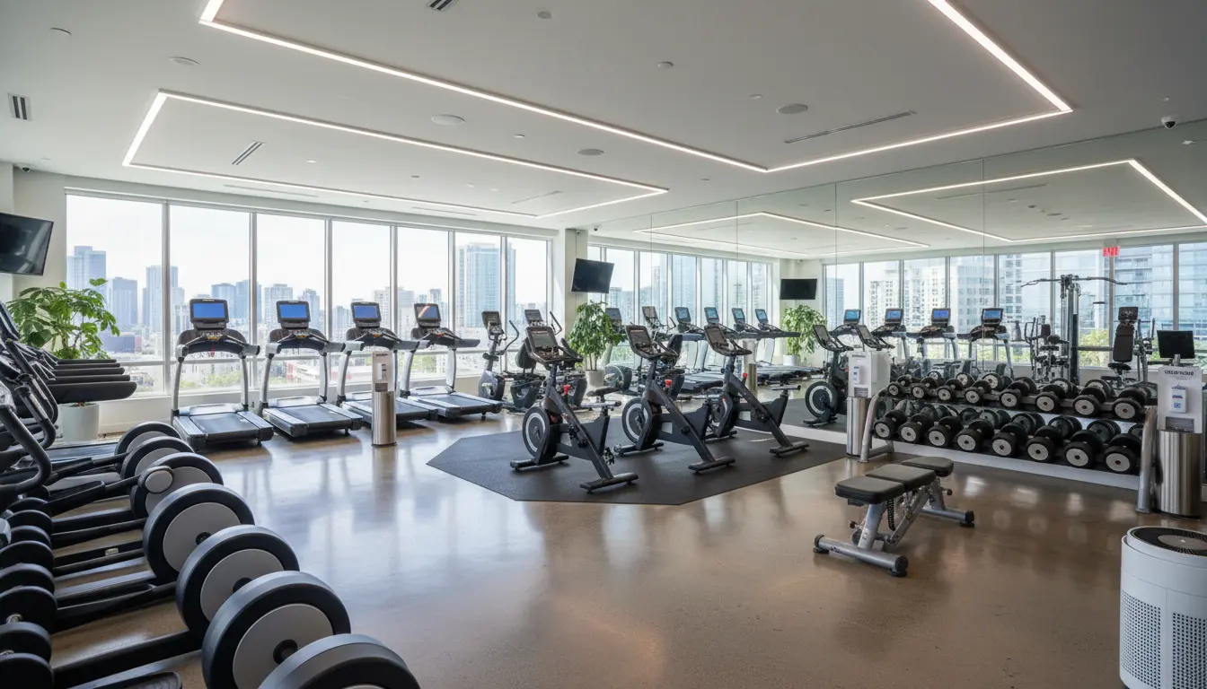 Wide-angle view of a clean gym floor with cardio machines and weights