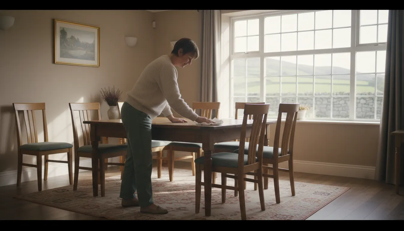 Wide-angle view of a shared dining room being cleaned before mealtime.