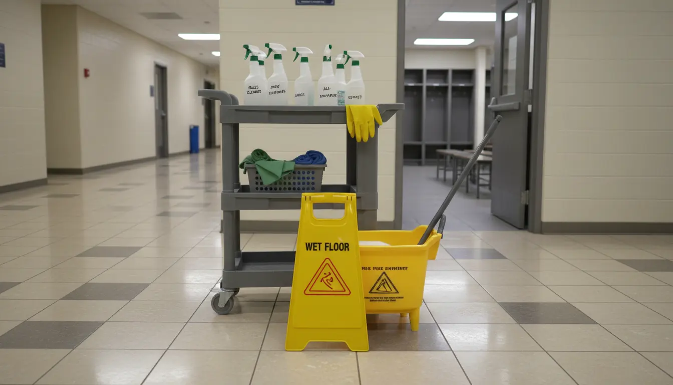 Eye-level view of labelled cleaning supplies on a trolley outside a locker room
