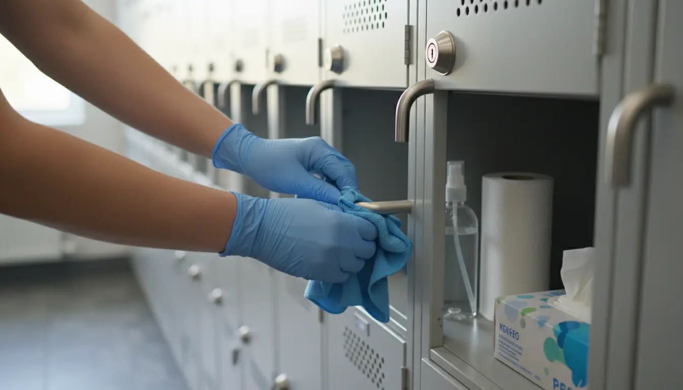 Close-up view of gloved hands wiping a metal locker handle