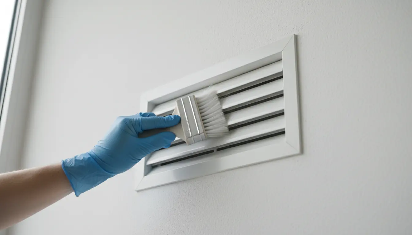 Low-angle view of a ventilation grille being cleaned with a soft brush.