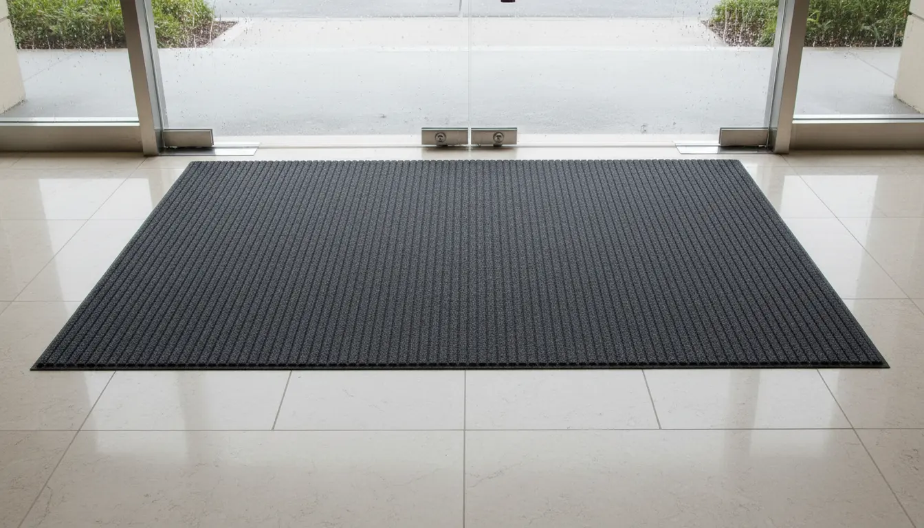 Eye-level view of a clean entrance mat on a tiled floor after rain.