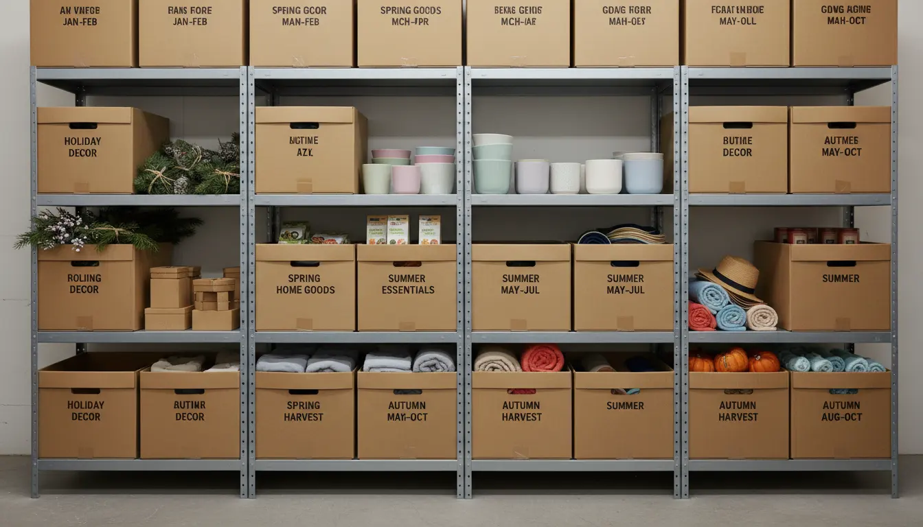 Close-up of labelled storage boxes and seasonal products organised in a shop stockroom