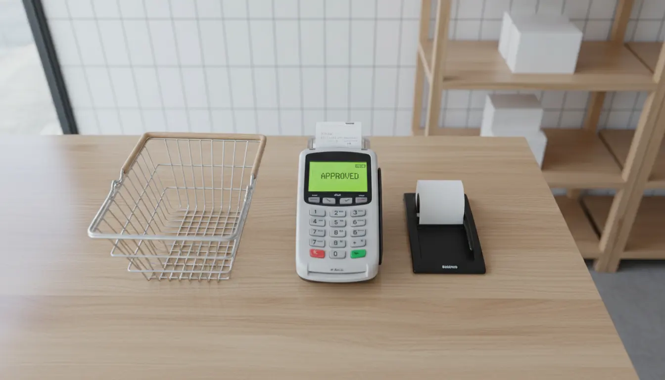 High-angle view of a clean checkout counter with a card machine, basket, and polished surface