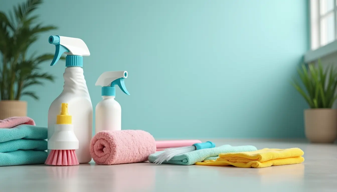 High angle view of cleaning supplies and tools arranged on a floor ready for DIY cleaning