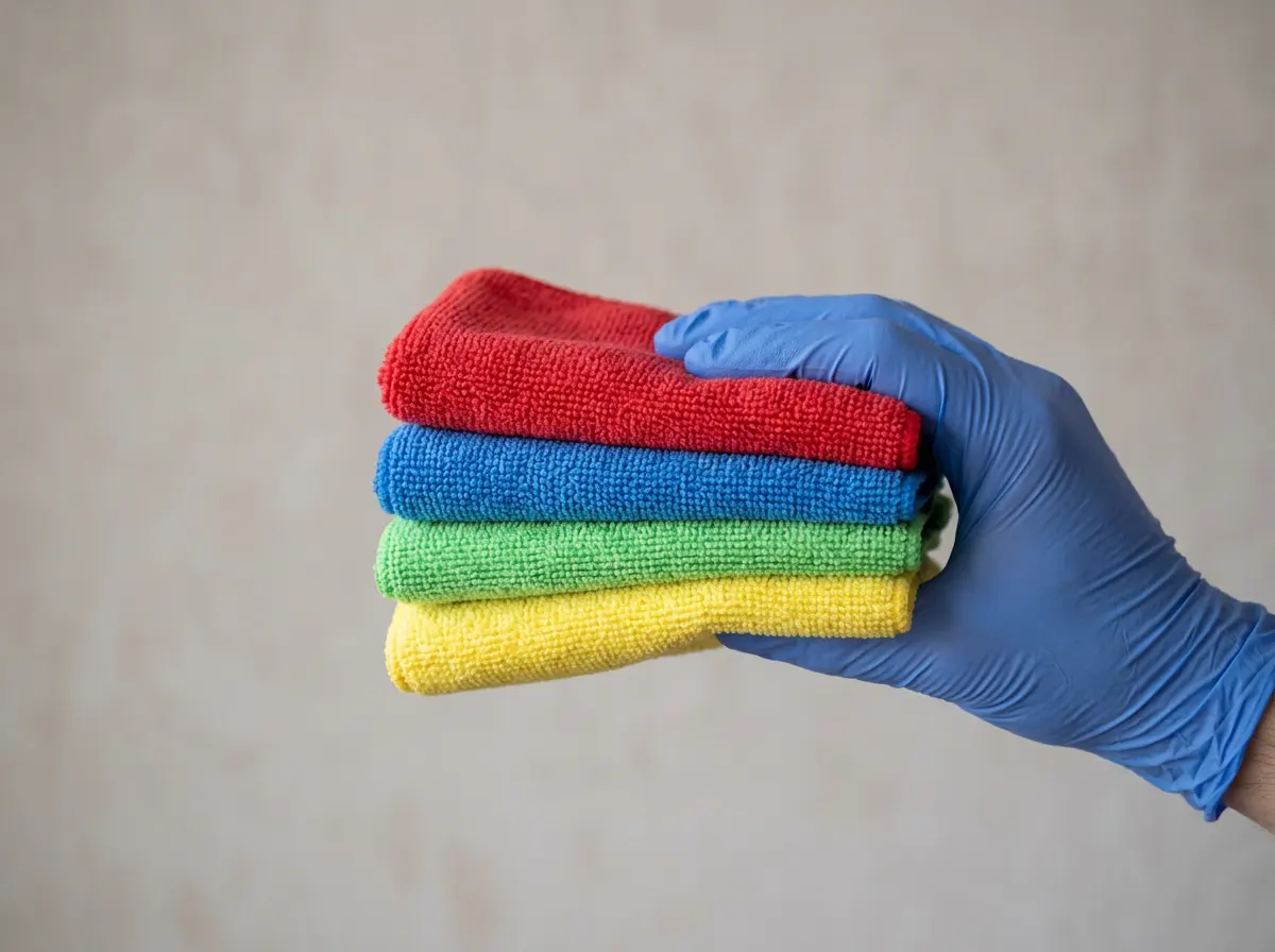 Close-up view of a gloved hand holding colour-coded microfibre cloths
