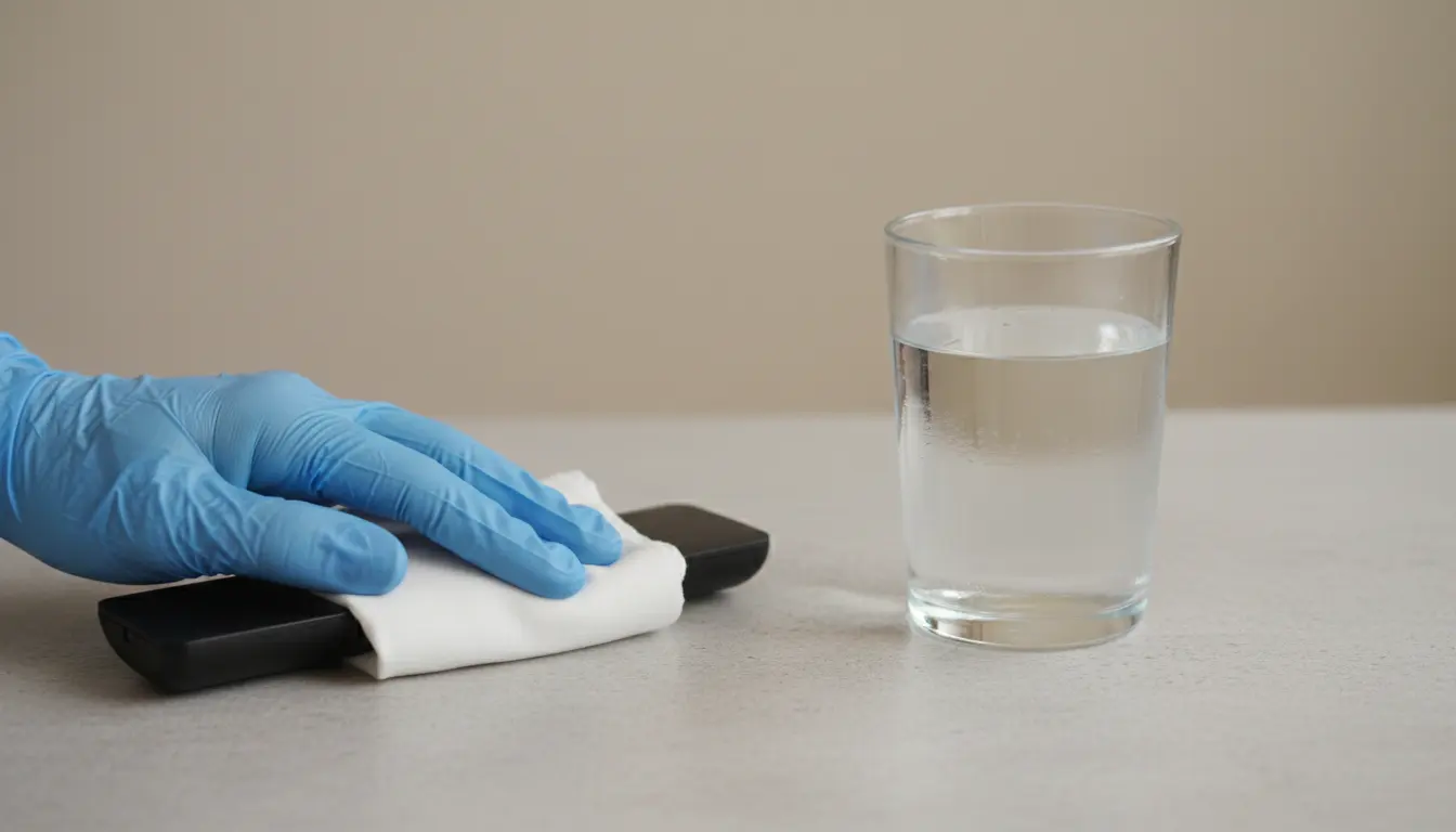 Eye-level view of a remote control being wiped next to a clean glass of water.