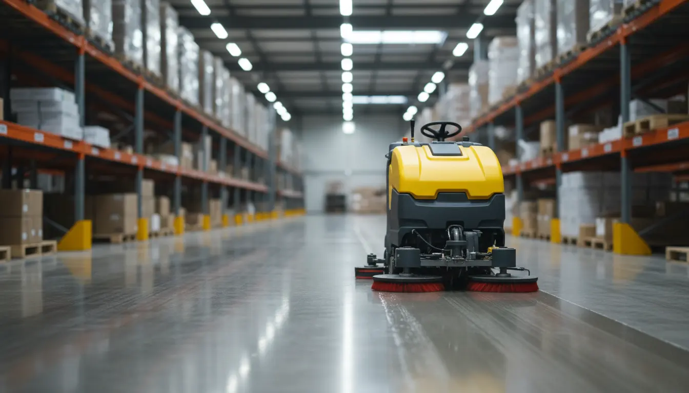 Eye-level view of a warehouse floor with a compact scrubber dryer cleaning a clear aisle.