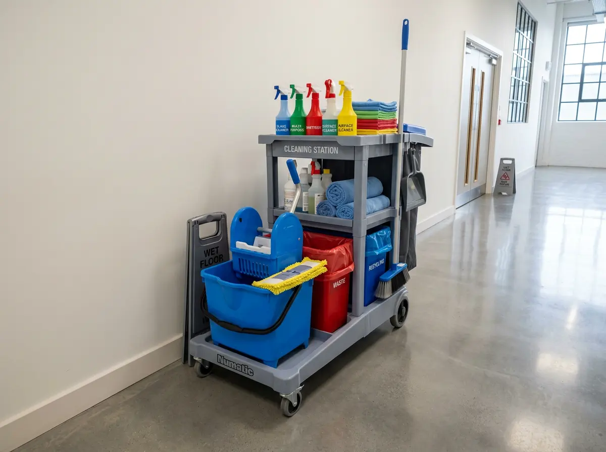 Wide-angle view of a cleaning trolley beside a polished floor