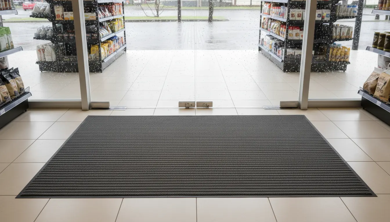 Eye-level view of an entrance mat inside a small retail shop.