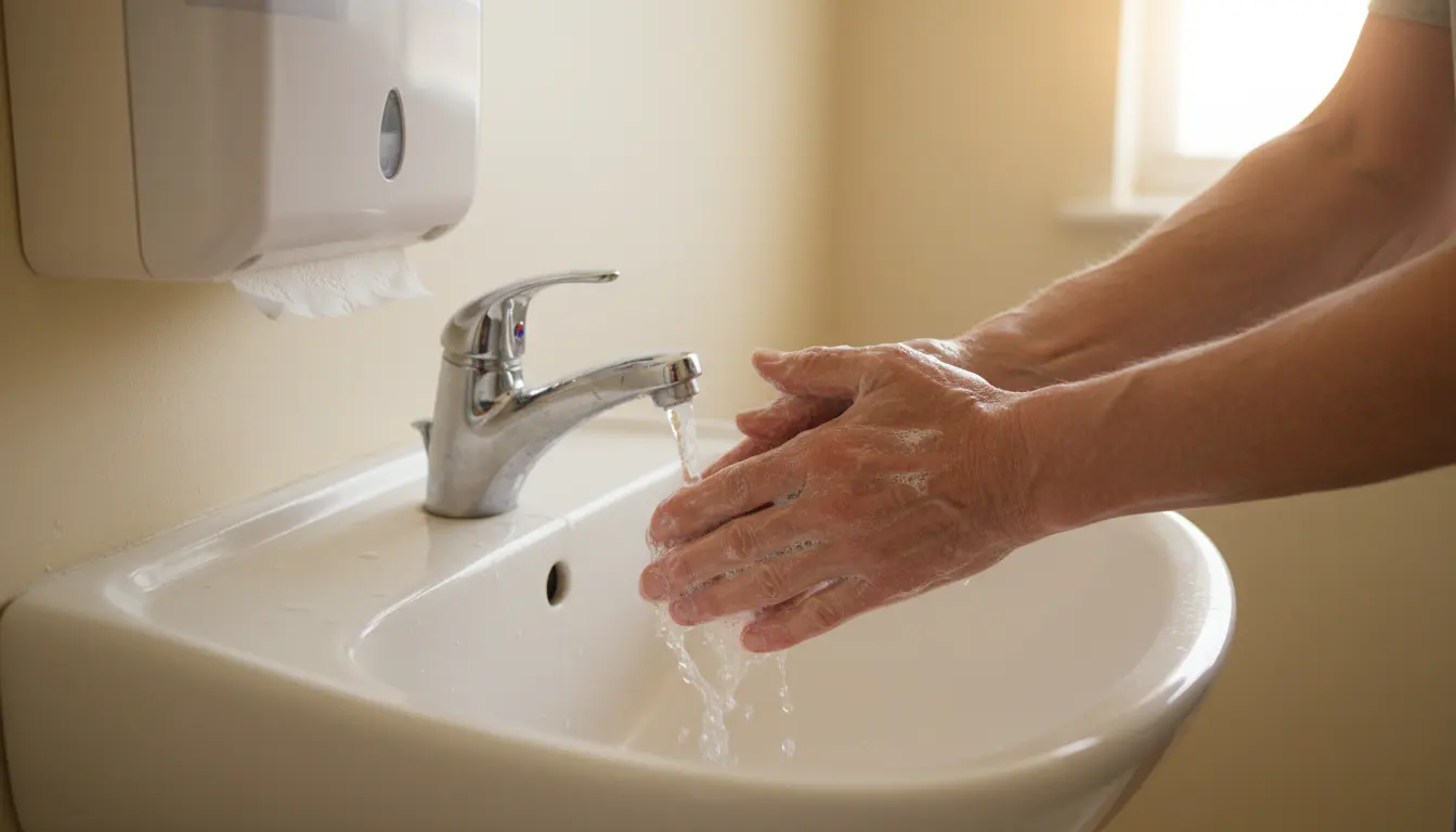 Close-up view of hands washing with soap at a care home sink.