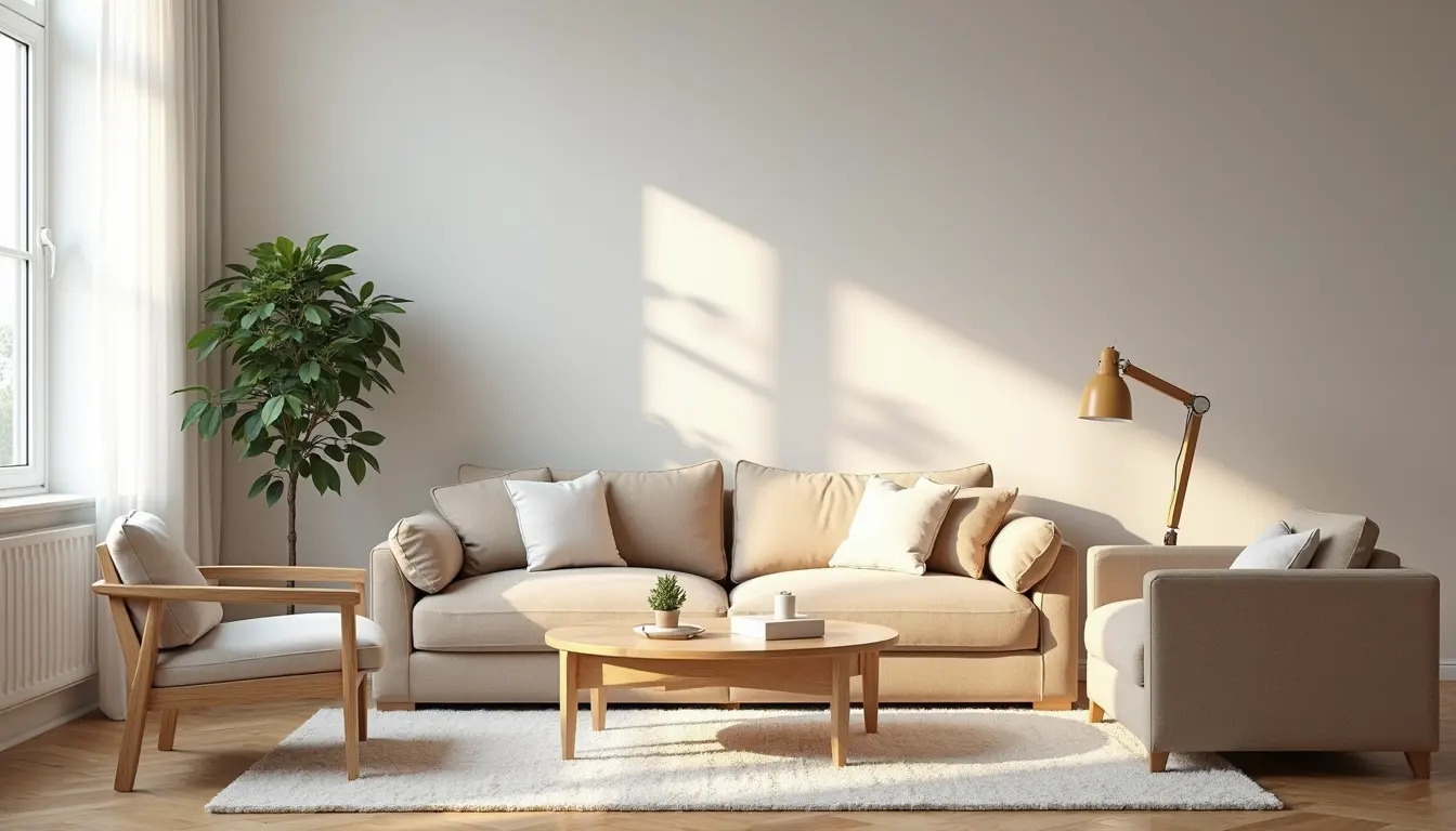 Eye-level view of a freshly cleaned Airbnb living room with bright natural light