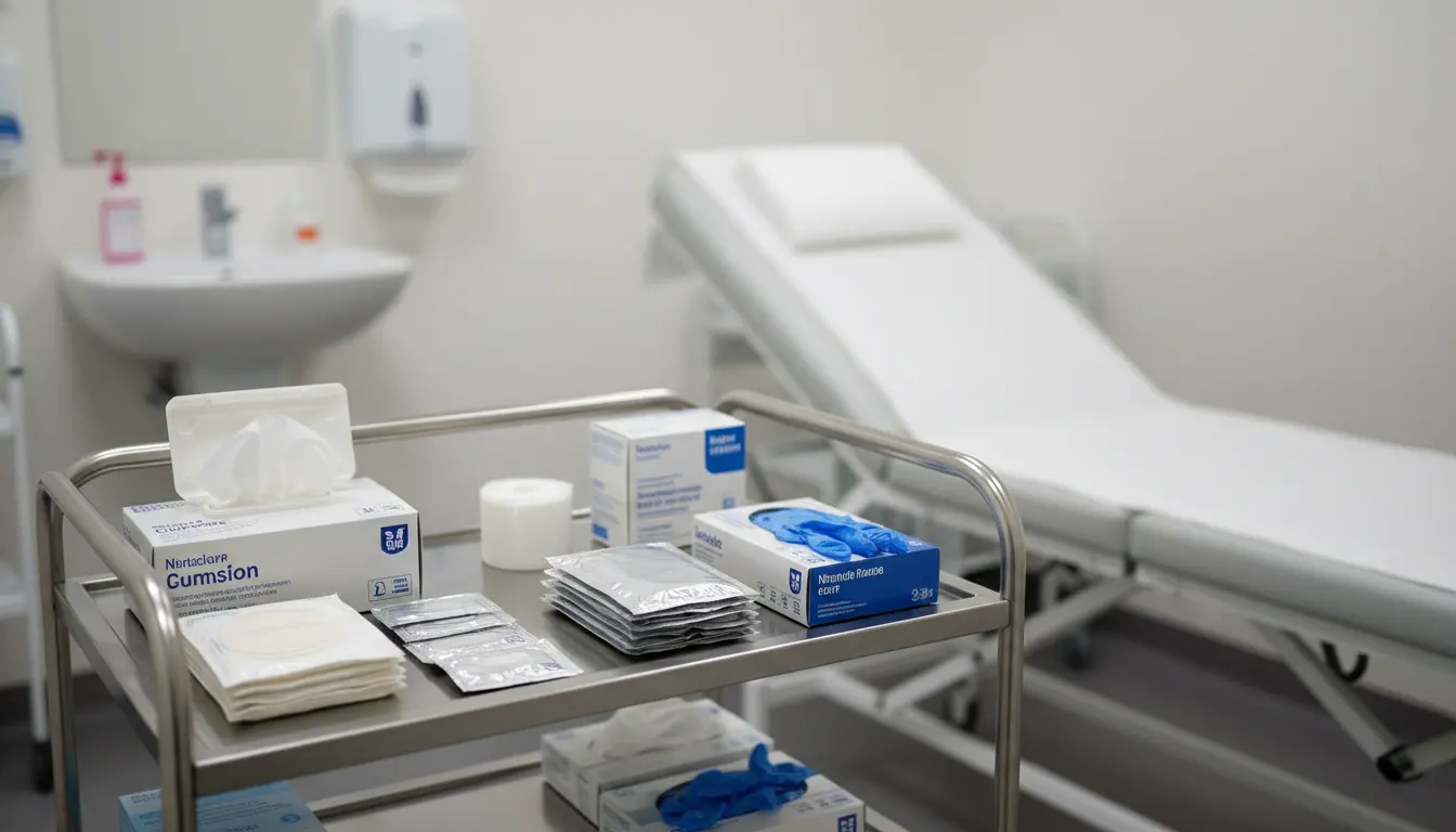 Close-up view of a treatment trolley with disinfectant wipes and sealed medical supplies.