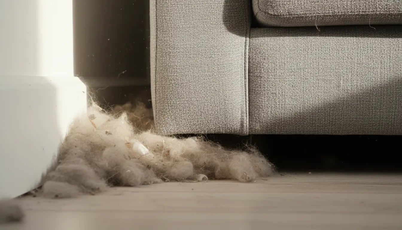 Close-up view of dust gathered along a skirting board beneath a grey fabric sofa